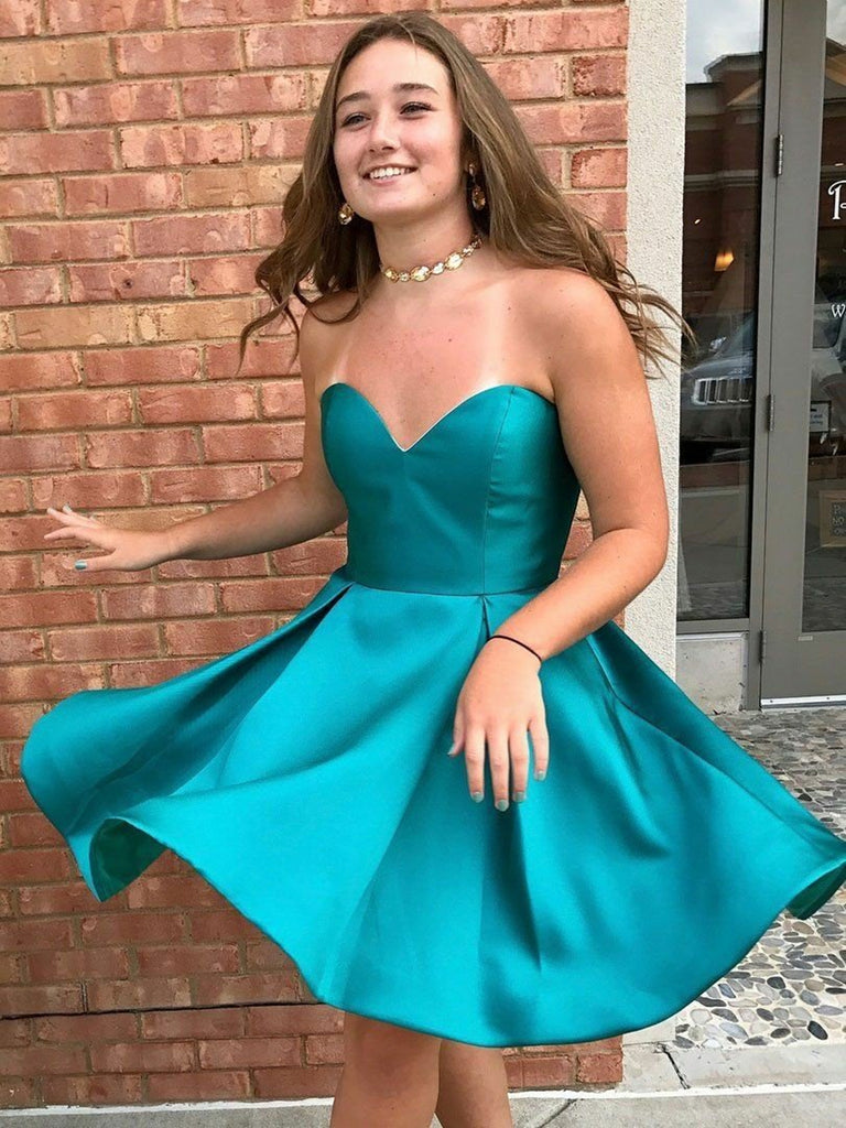 Short Peacock Blue Satin Prom Dresses ...